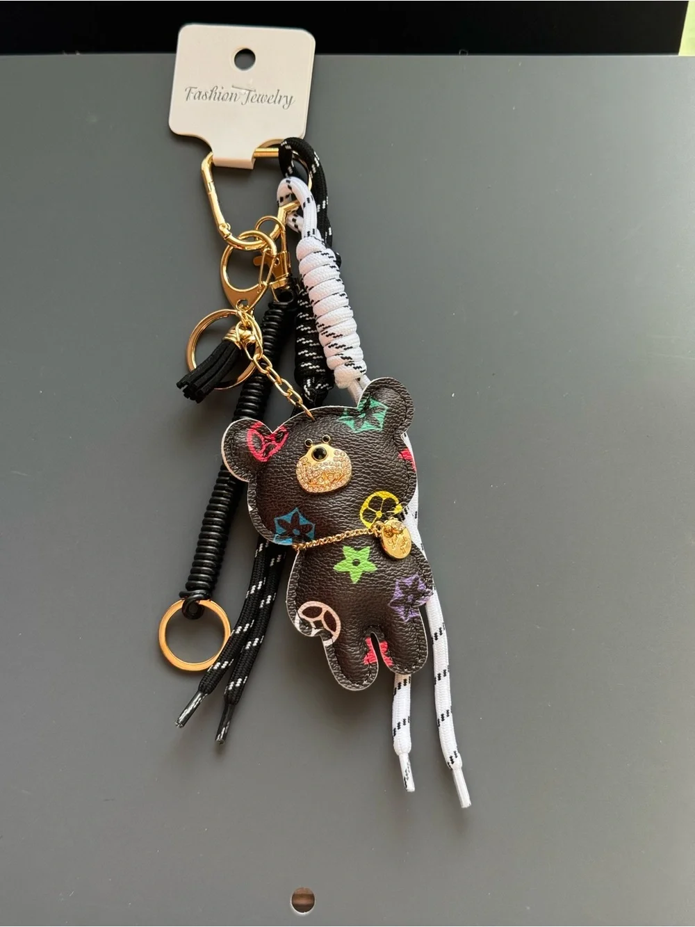 Black Floral Print Bear Keychain Bag Charm Gold Accent Coordinating Cord NWT
